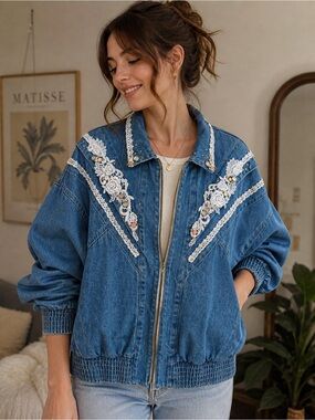 Vintage PADO Embellished Denim Jacket USA Made Large Boho Western Lace Studded